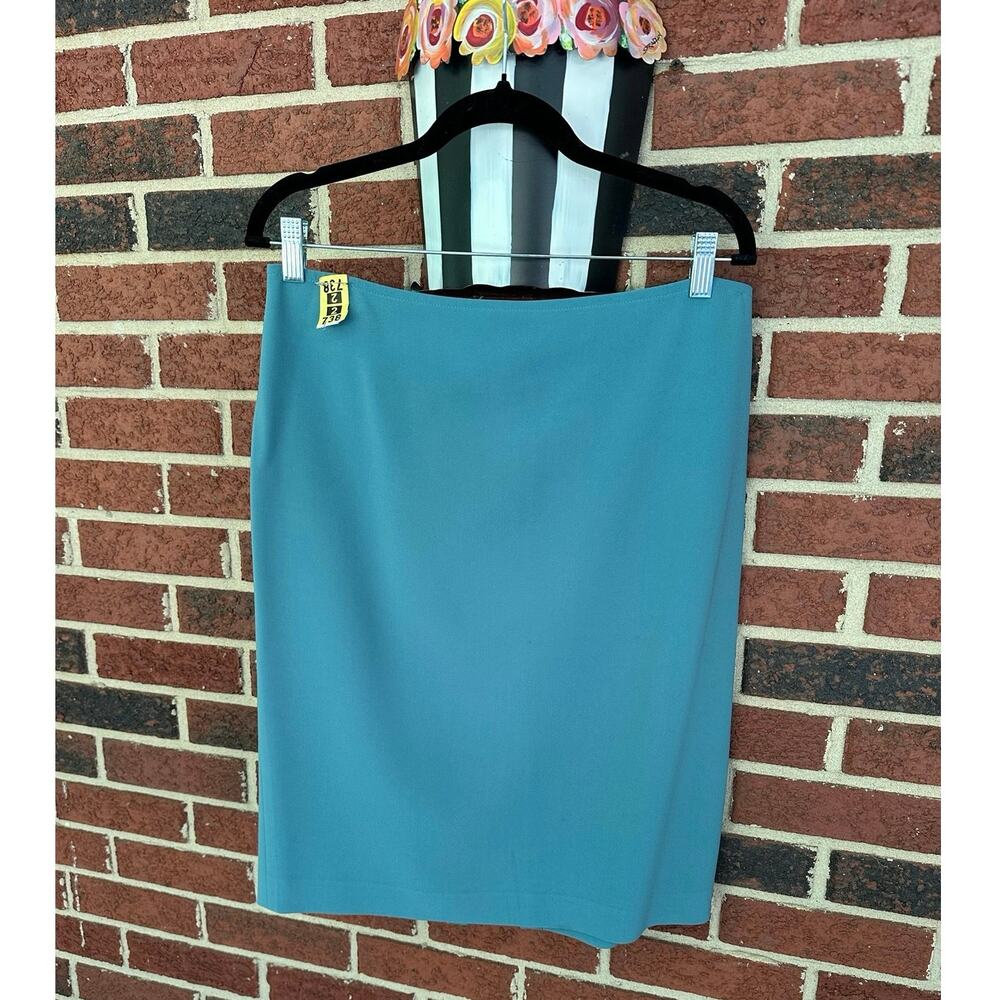 St John Sz 10 Skirt Teal Pencil Straight Chiffon Silk Lined Zip Slit Blue Green